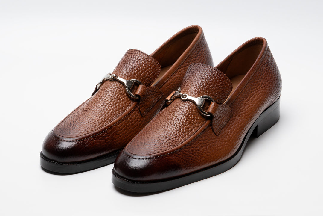 Unlined Milled Leather Horsebit Loafers in tan — front view — Dapper Shoes Co.