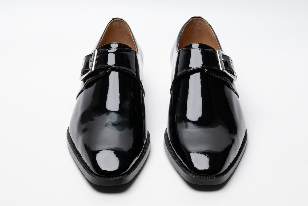 Patent black medallion monkstrap — side profile — handcrafted calfskin — Dapper Shoes Co.