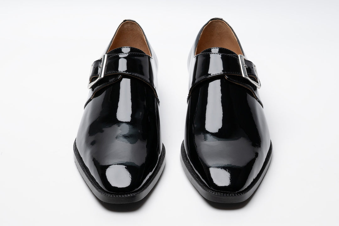 Patent black medallion monkstrap — side profile — handcrafted calfskin — Dapper Shoes Co.