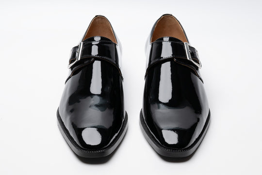 Patent black medallion monkstrap — side profile — handcrafted calfskin — Dapper Shoes Co.