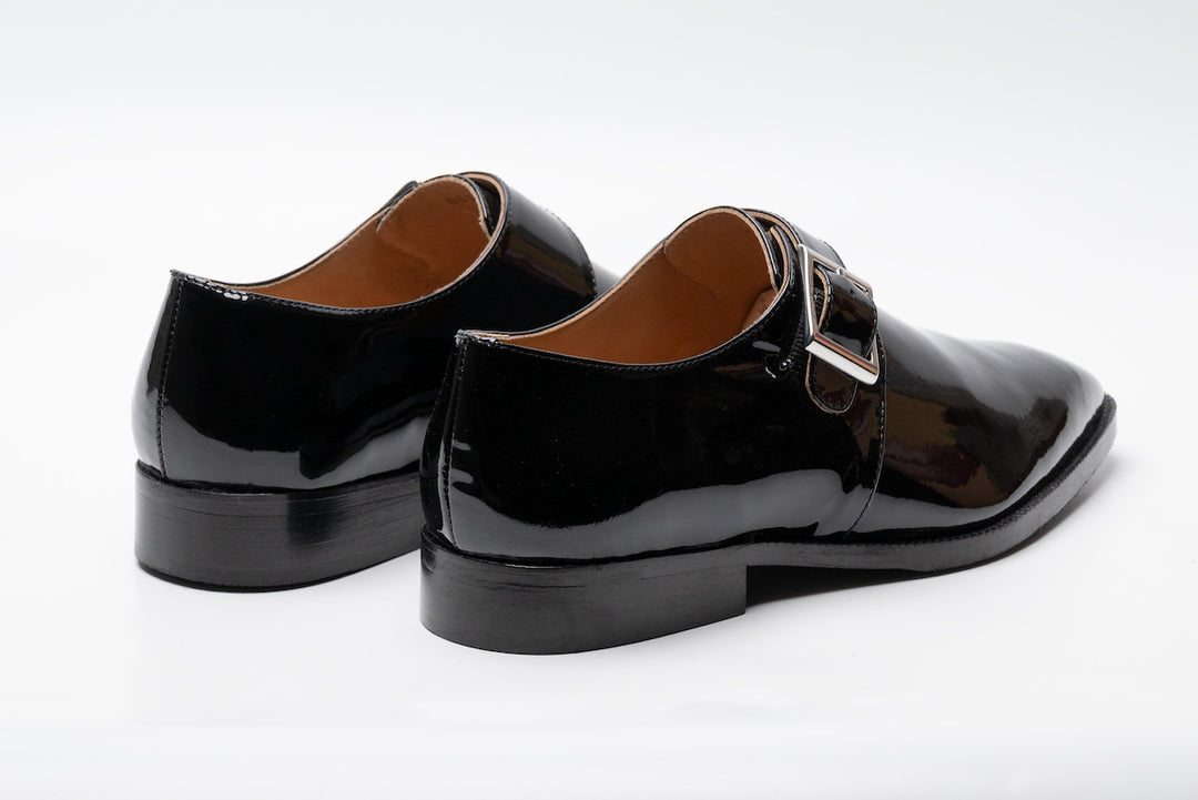 Patent black leather monkstrap — three-quarter view — Dapper Shoes Co.