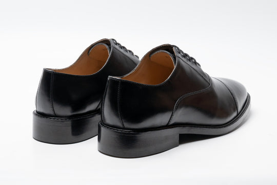 Black leather cap toe Oxford — sole and heel detail — Dapper Shoes Co.