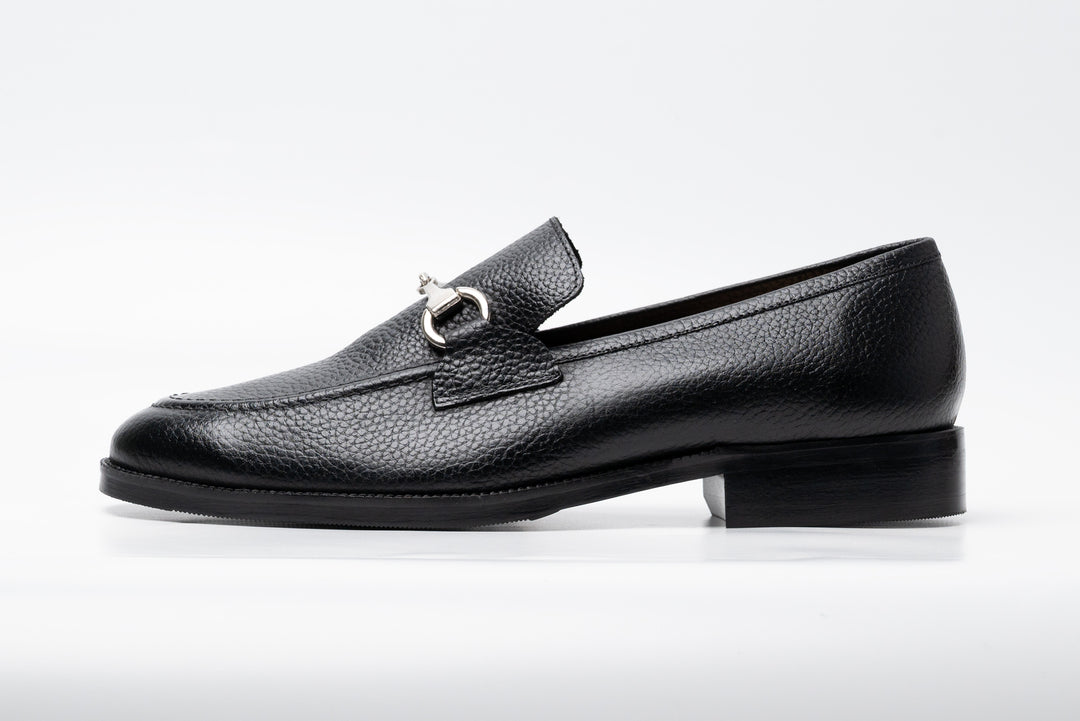 Black leather horsebit loafer — three-quarter view — Dapper Shoes Co.