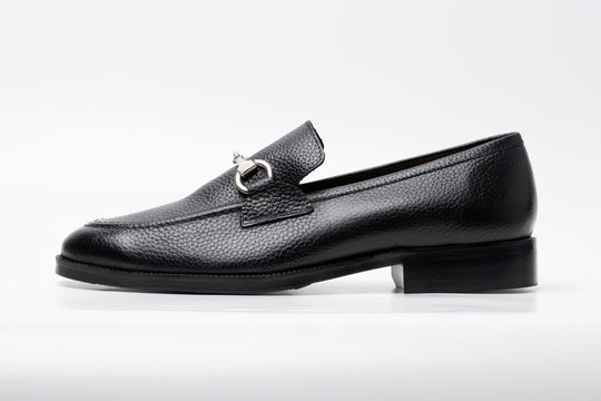 Black leather horsebit loafer — three-quarter view — Dapper Shoes Co.