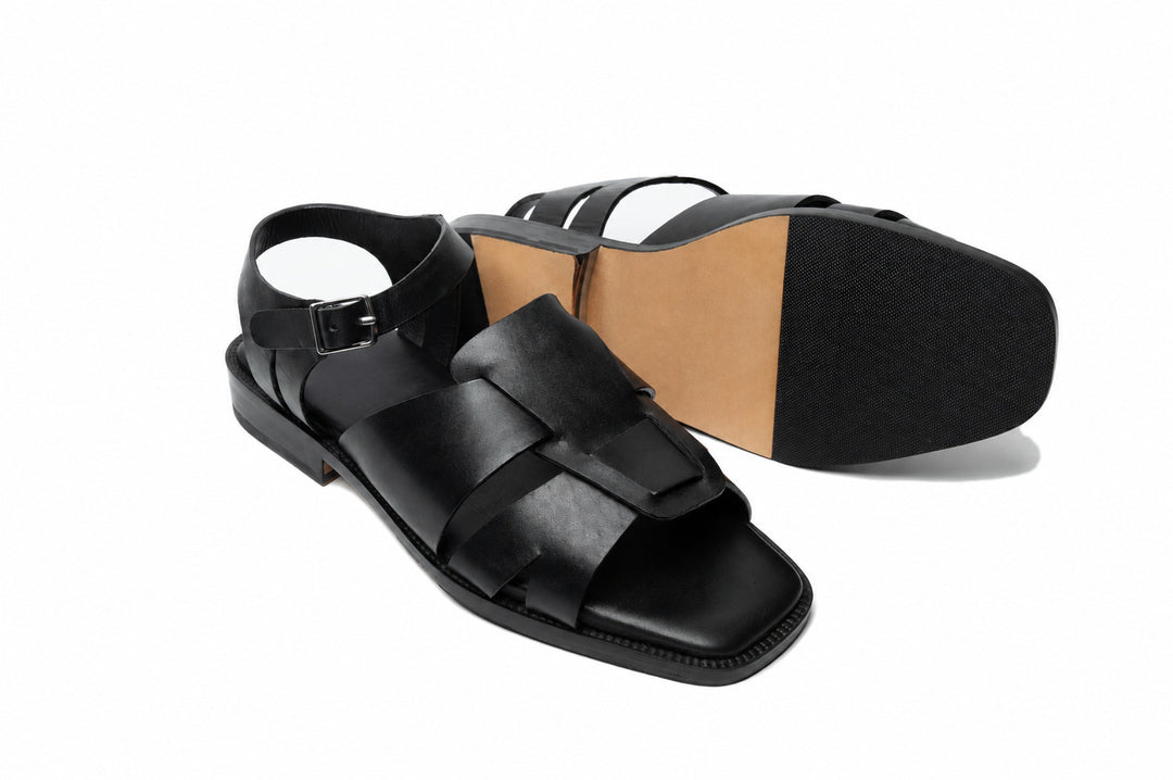 Open Toe Sandal in Black leather - top view