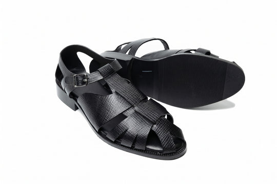 Fisherman Sandal in Black Hatch Grain leather - angled view