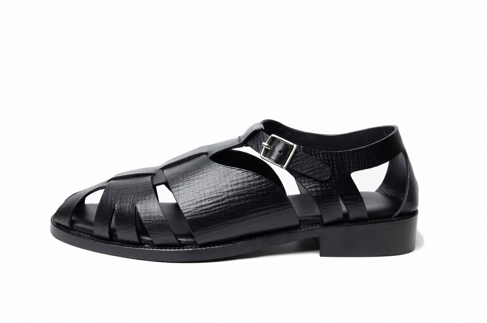 Fisherman Sandal in Black Hatch Grain leather - side view