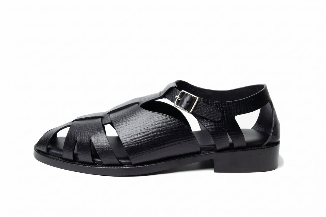 Fisherman Sandal in Black Hatch Grain leather - side view