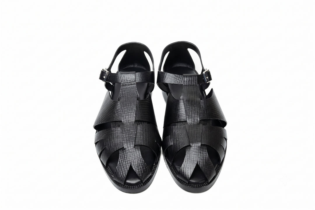 Fisherman Sandal in Black Hatch Grain leather - sole detail