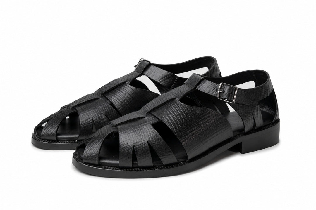 Fisherman Sandal in Black Hatch Grain leather - front view