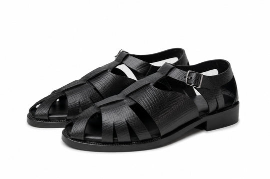 Fisherman Sandal in Black Hatch Grain leather - front view