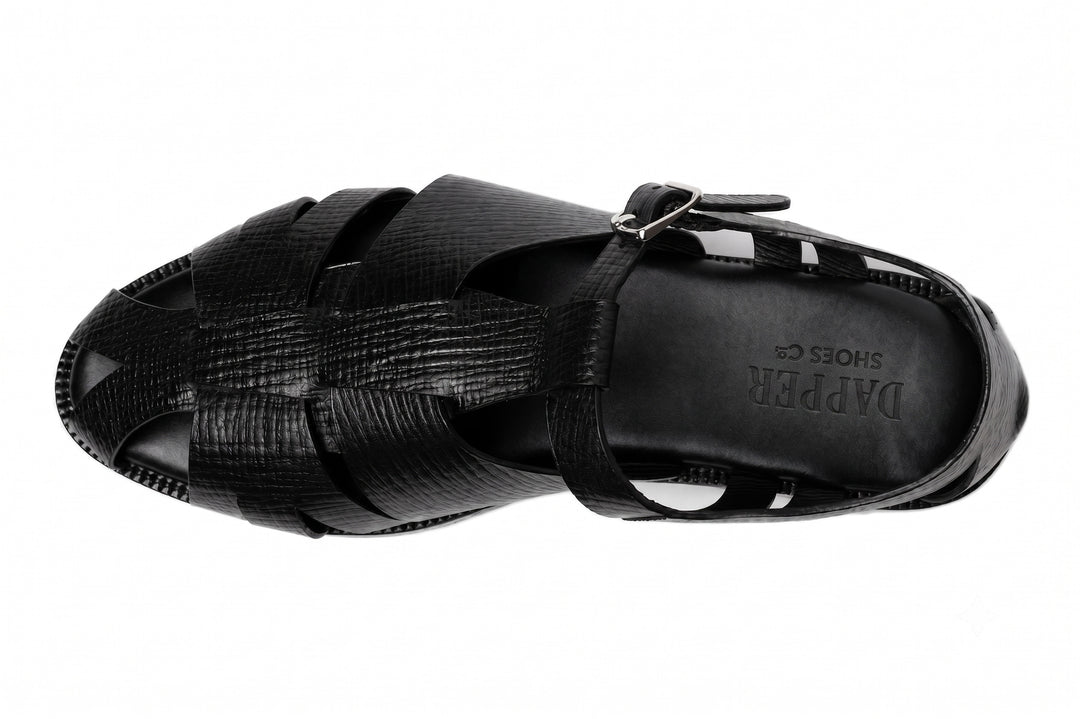Fisherman Sandal in Black Hatch Grain leather - top view