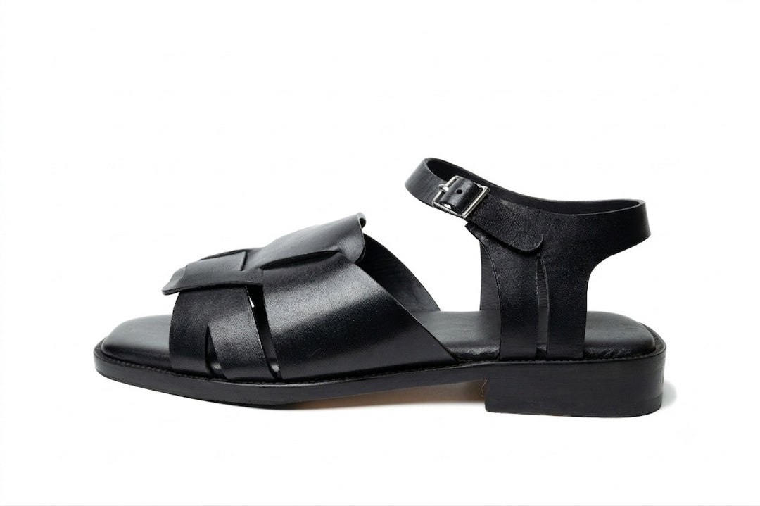 Open Toe Sandal in Black leather - side view