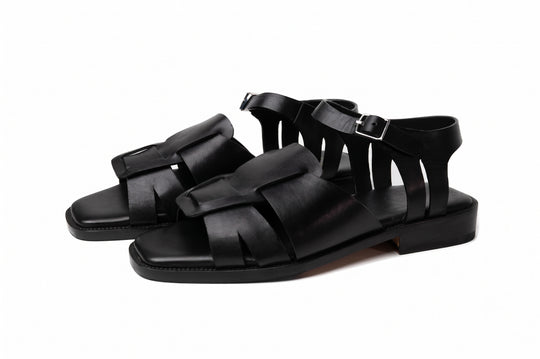 Open Toe Sandal in Black leather - front view