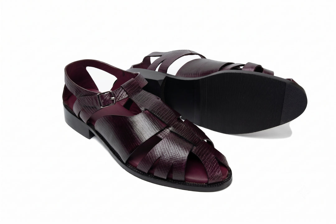 Fisherman Sandal in Burgundy Hatch Grain leather - angled view