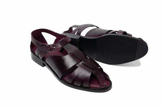 Fisherman Sandal in Burgundy Hatch Grain leather - angled view