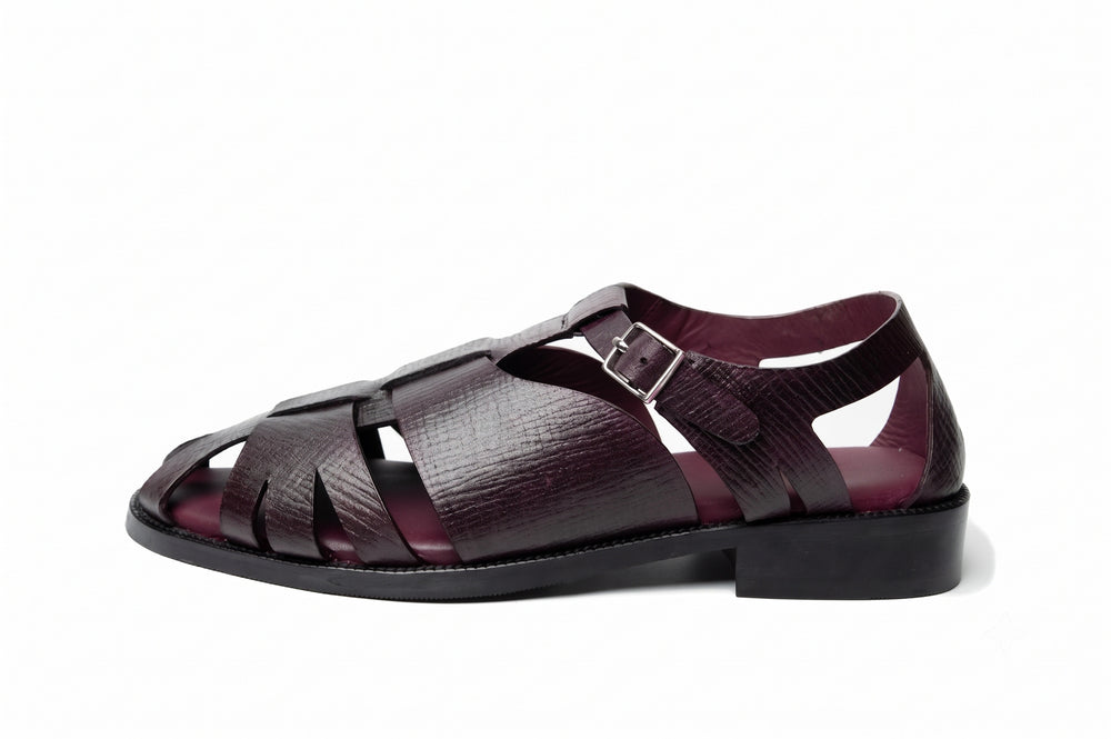 Fisherman Sandal in Burgundy Hatch Grain leather - side view