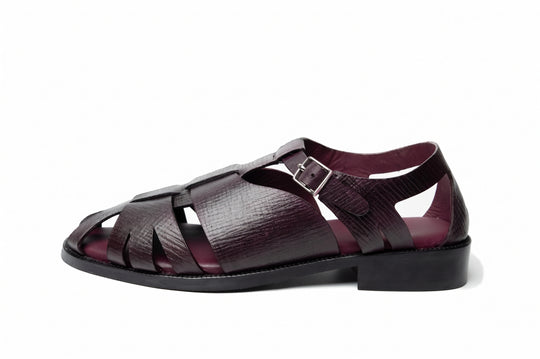 Fisherman Sandal in Burgundy Hatch Grain leather - side view