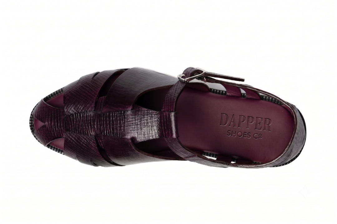 Fisherman Sandal in Burgundy Hatch Grain leather - top view