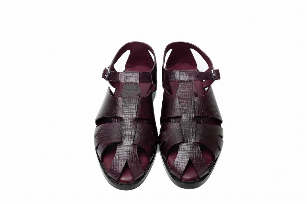 Fisherman Sandal in Burgundy Hatch Grain leather - sole detail
