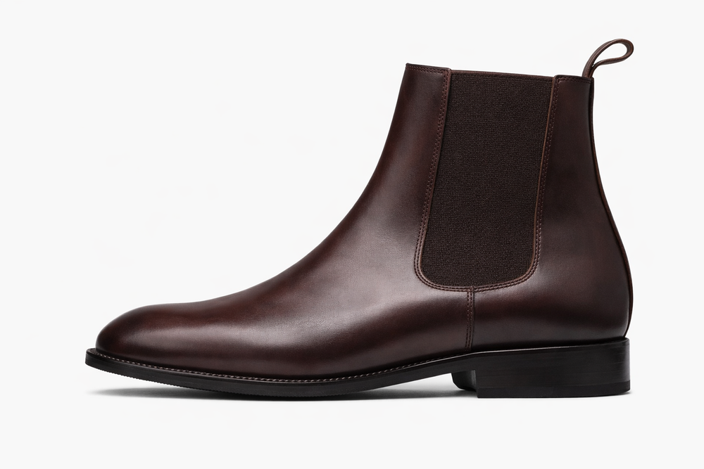 Brown patina leather Chelsea boots — three-quarter view — Dapper Shoes Co.
