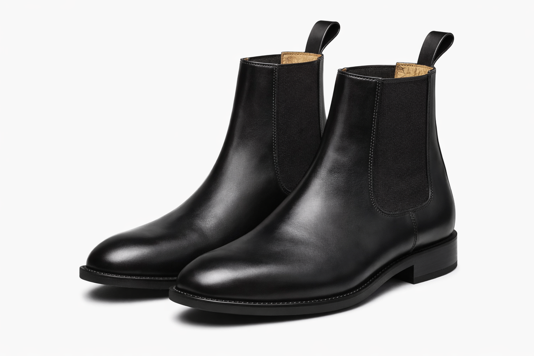 Chelsea Boots in black leather — side view — handcrafted in New Delhi — Dapper Shoes Co.