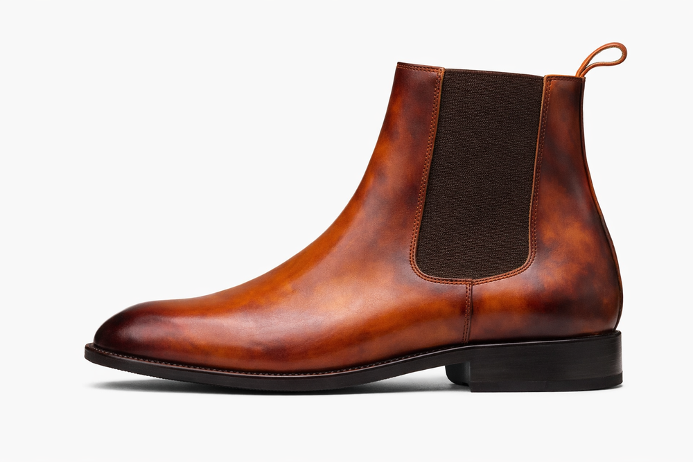 Tan patina leather Chelsea boots — three-quarter view — handcrafted in Delhi