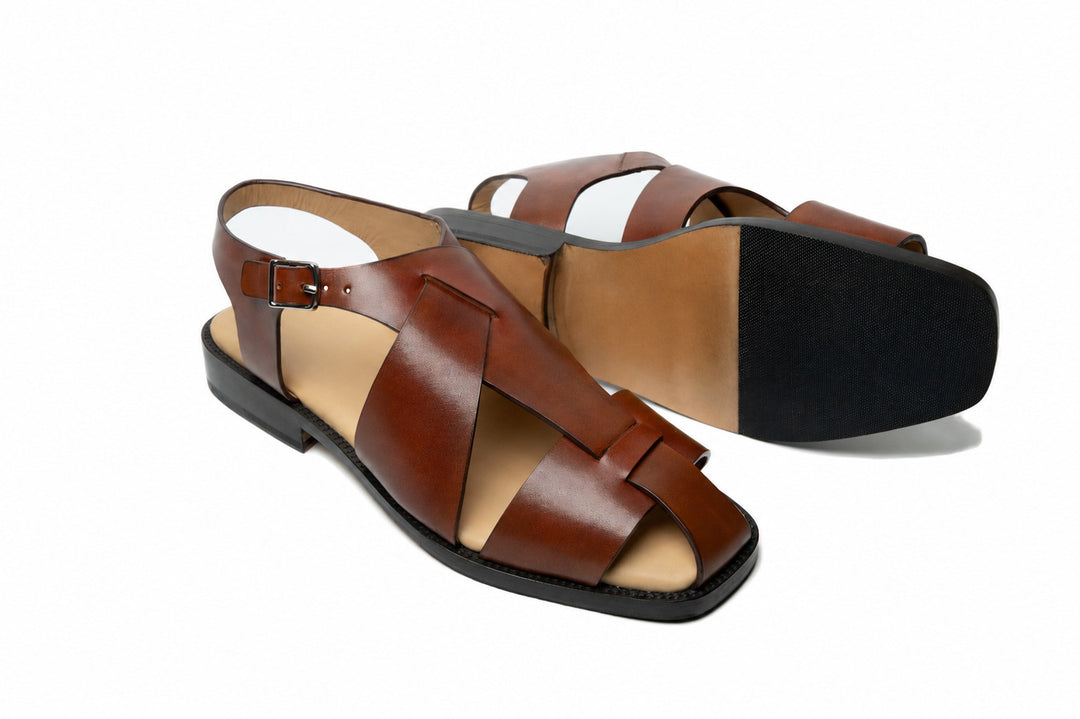 Abstract Sandal in Cognac leather - angled view