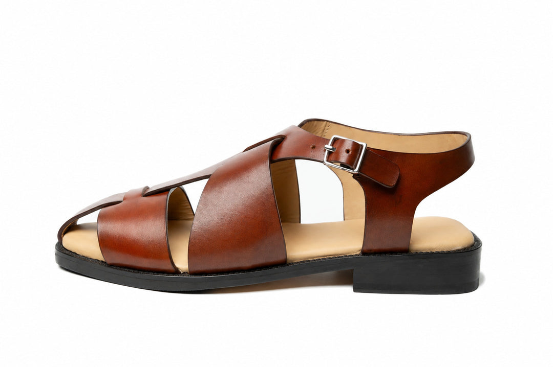 Abstract Sandal in Cognac leather - side view