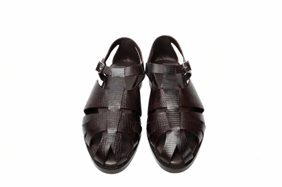 Fisherman Sandal in Dark Brown Hatch Grain leather - sole detail