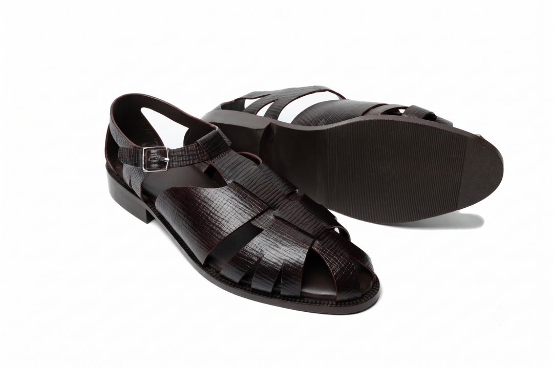 Fisherman Sandal in Dark Brown Hatch Grain leather - angled view