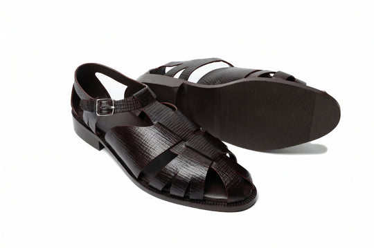 Fisherman Sandal in Dark Brown Hatch Grain leather - angled view