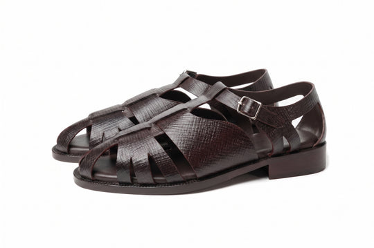 Fisherman Sandal in Dark Brown Hatch Grain leather - side view