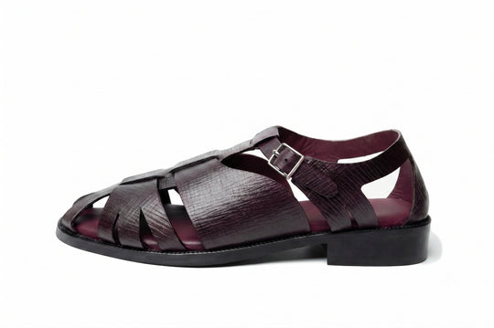 Fisherman Sandal in Dark Brown Hatch Grain leather - front view