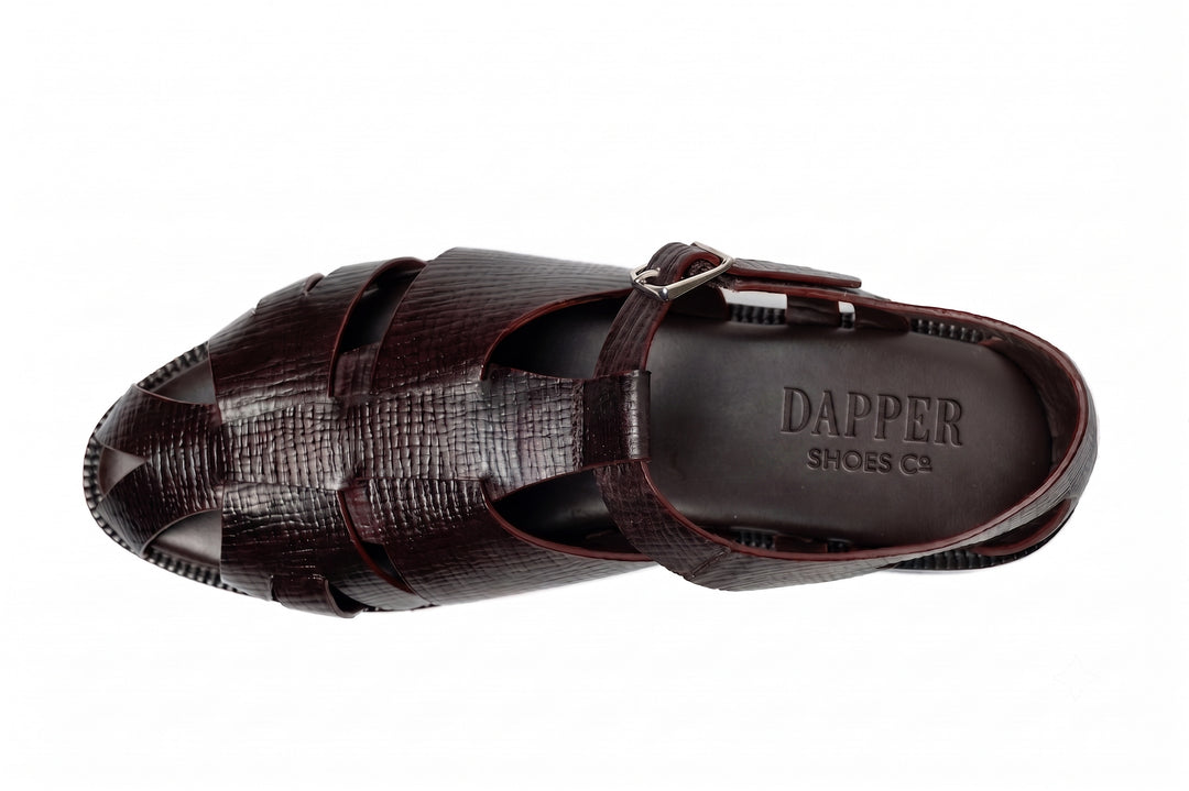 Fisherman Sandal in Dark Brown Hatch Grain leather - top view