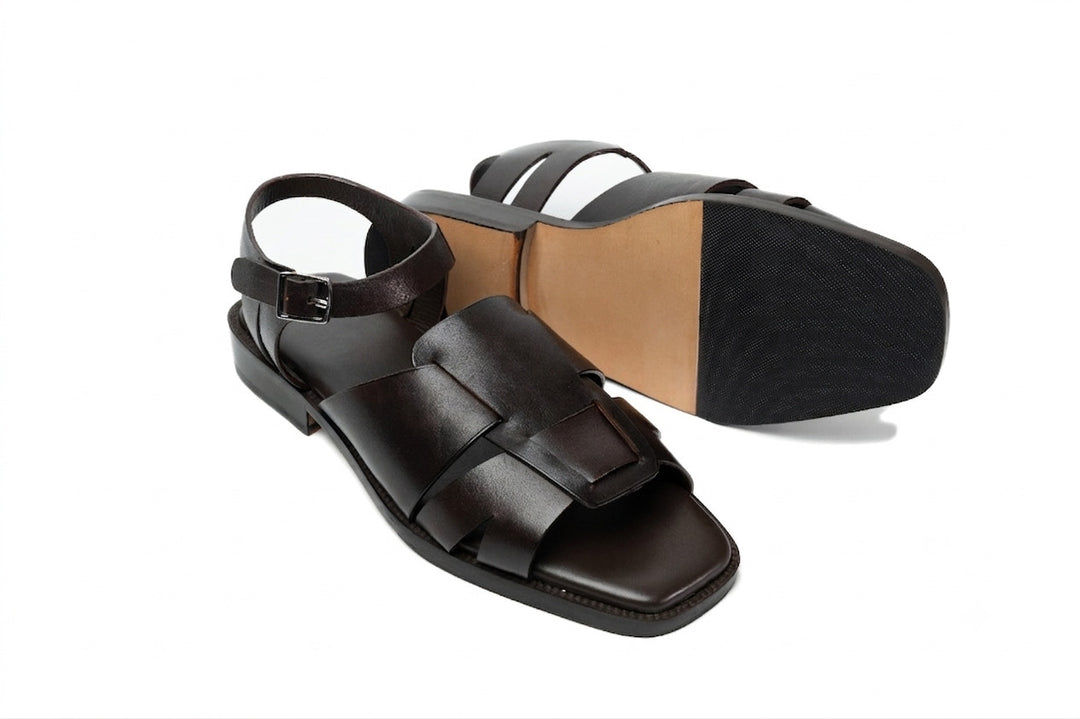 Open Toe Sandal in Dark Brown leather - angled view