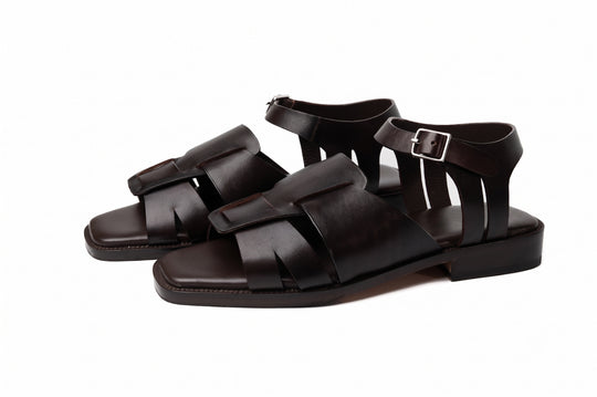 Open Toe Sandal in Dark Brown leather - front view