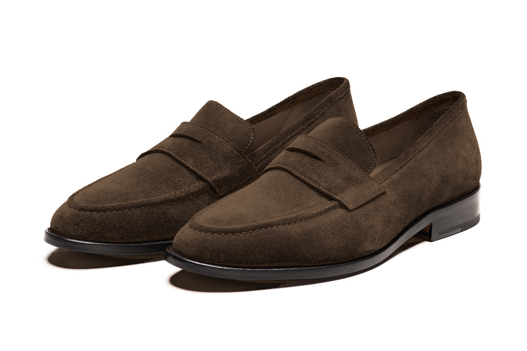 Brown suede penny loafer for men — front view — Dapper Shoes Co.
