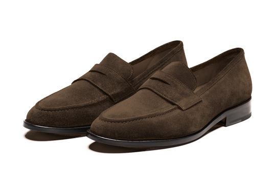 Brown suede penny loafer for men — front view — Dapper Shoes Co.