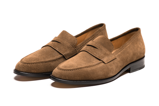 Tan suede penny loafer for men — front view — Dapper Shoes Co.