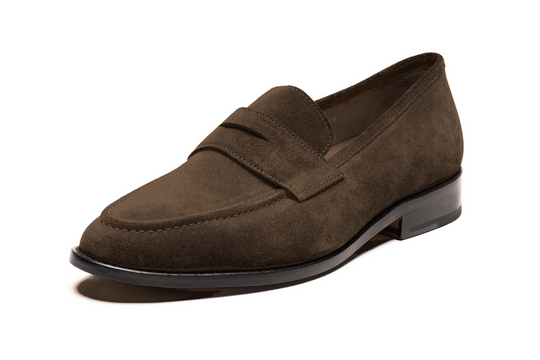 Espresso brown suede penny loafer — side profile — handcrafted in Delhi