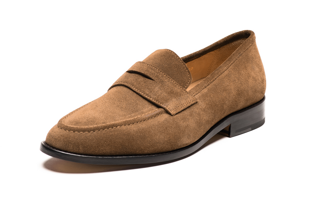 Tan suede penny loafer — side profile — handcrafted in Delhi