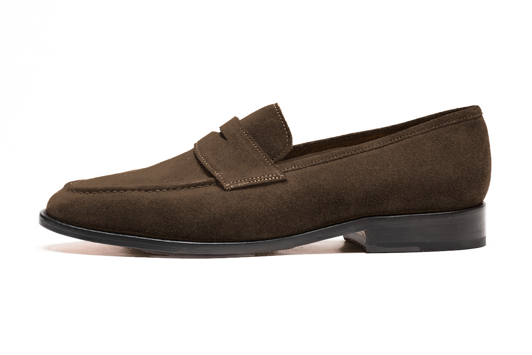 Brown suede penny loafer — three-quarter view — Dapper Shoes Co.