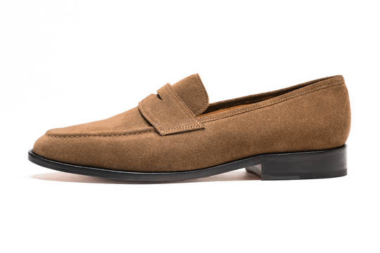 Tan suede penny loafer — three-quarter view — Dapper Shoes Co.