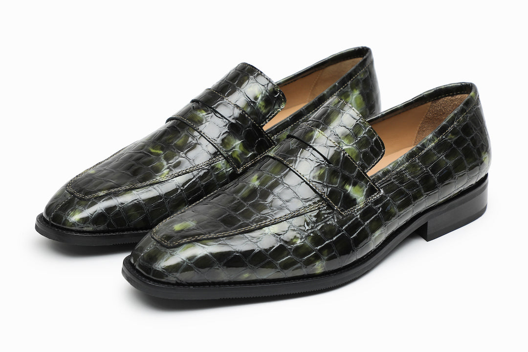 Limited Edition chisel toe penny loafer in Green Crocodile Embossed Patent — Dapper Shoes Co.