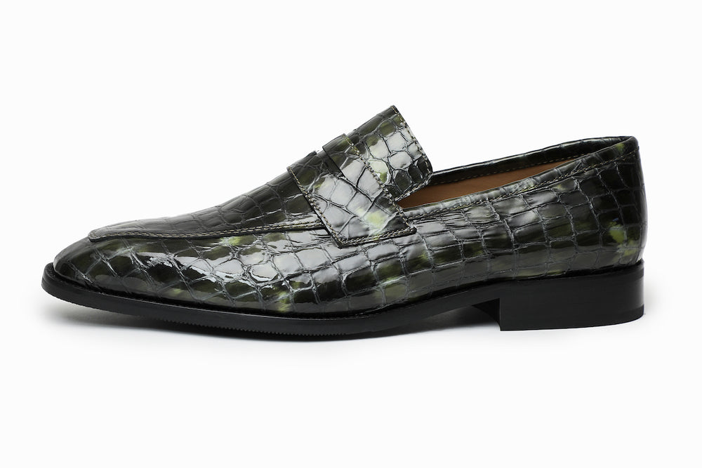 Green Crocodile Embossed Patent chisel toe penny loafer for men, handmade in Delhi