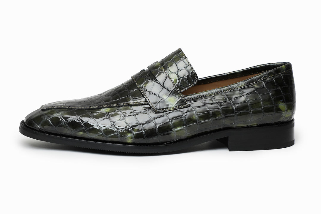 Green Crocodile Embossed Patent chisel toe penny loafer for men, handmade in Delhi