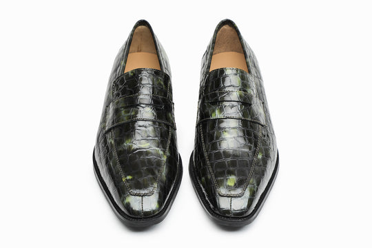 Green Crocodile Embossed Patent penny loafer with cemented rubber sole