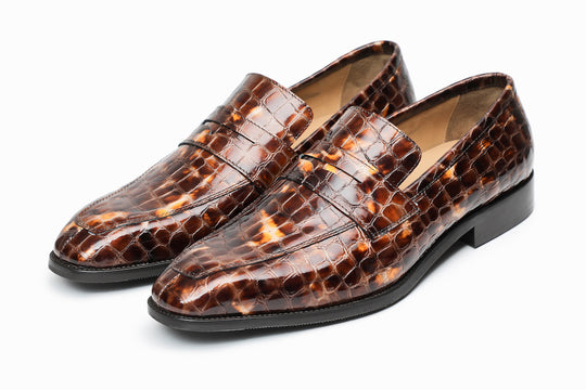 Limited Edition chisel toe penny loafer in Tan Brown Crocodile Embossed Patent — Dapper Shoes Co.