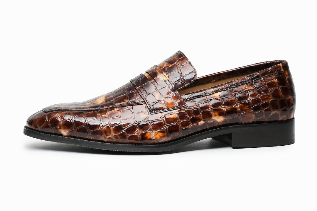 Tan Brown Crocodile Embossed Patent penny loafer with cemented rubber sole